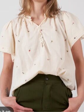 Dex Cream Peasant Blouse with Tiny Multicolor Embroidery